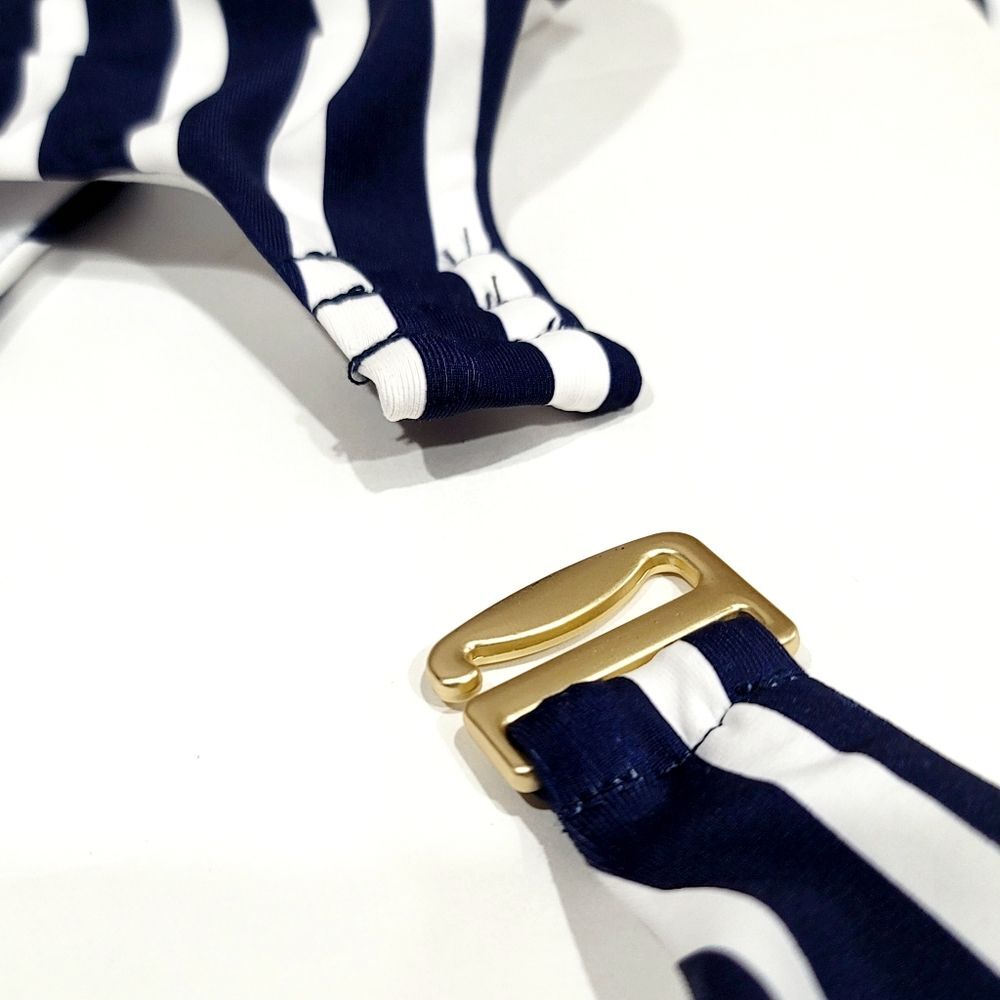 Lands End Navy Stripe High Neck UPF 50 Open Back Keyhole 1pc Swimsuit Women's S - Picture 9 of 10